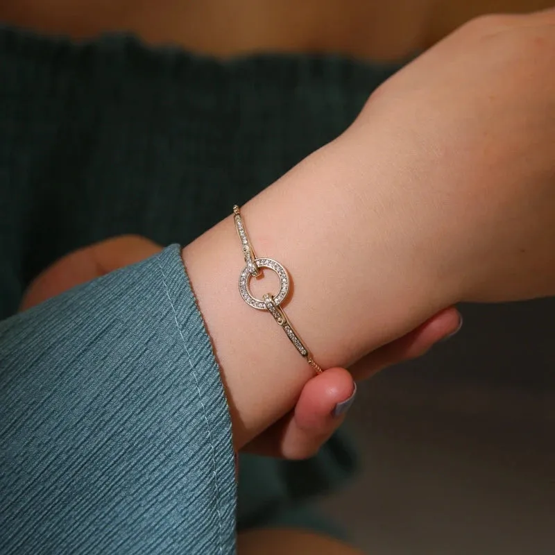 Modern Luxury Crystal Union Circle 925 Sterling Silver Gold Plated Bracelets for Women Adjustable Geometric Snake Chain Jewelry Accessories