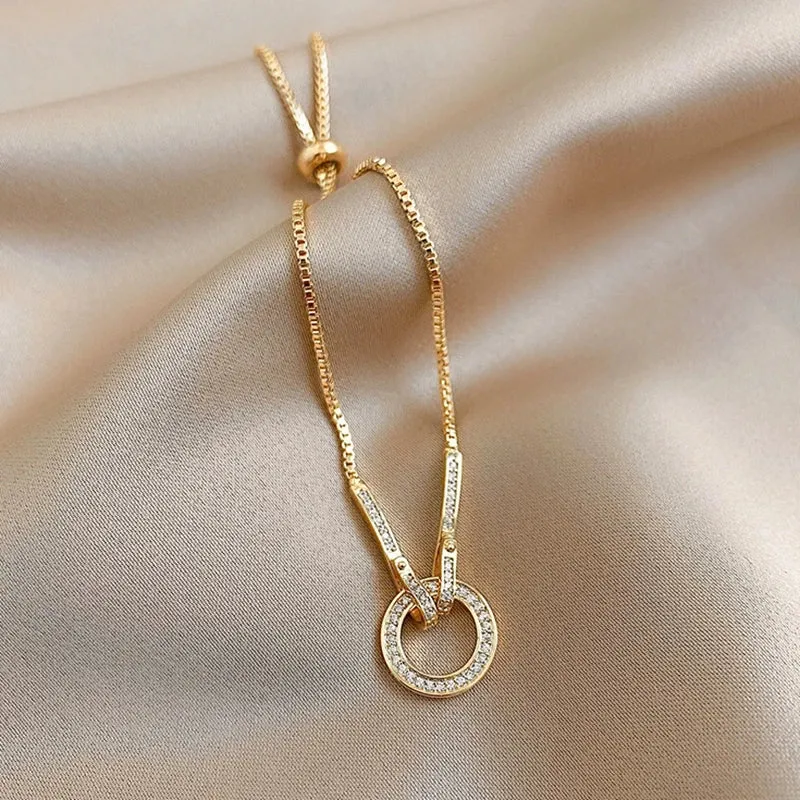 Modern Luxury Crystal Union Circle 925 Sterling Silver Gold Plated Bracelets for Women Adjustable Geometric Snake Chain Jewelry Accessories