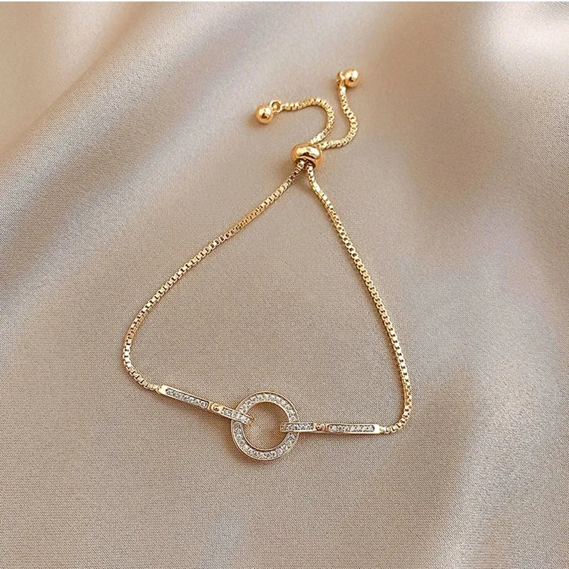 Modern Luxury Crystal Union Circle 925 Sterling Silver Gold Plated Bracelets for Women Adjustable Geometric Snake Chain Jewelry Accessories