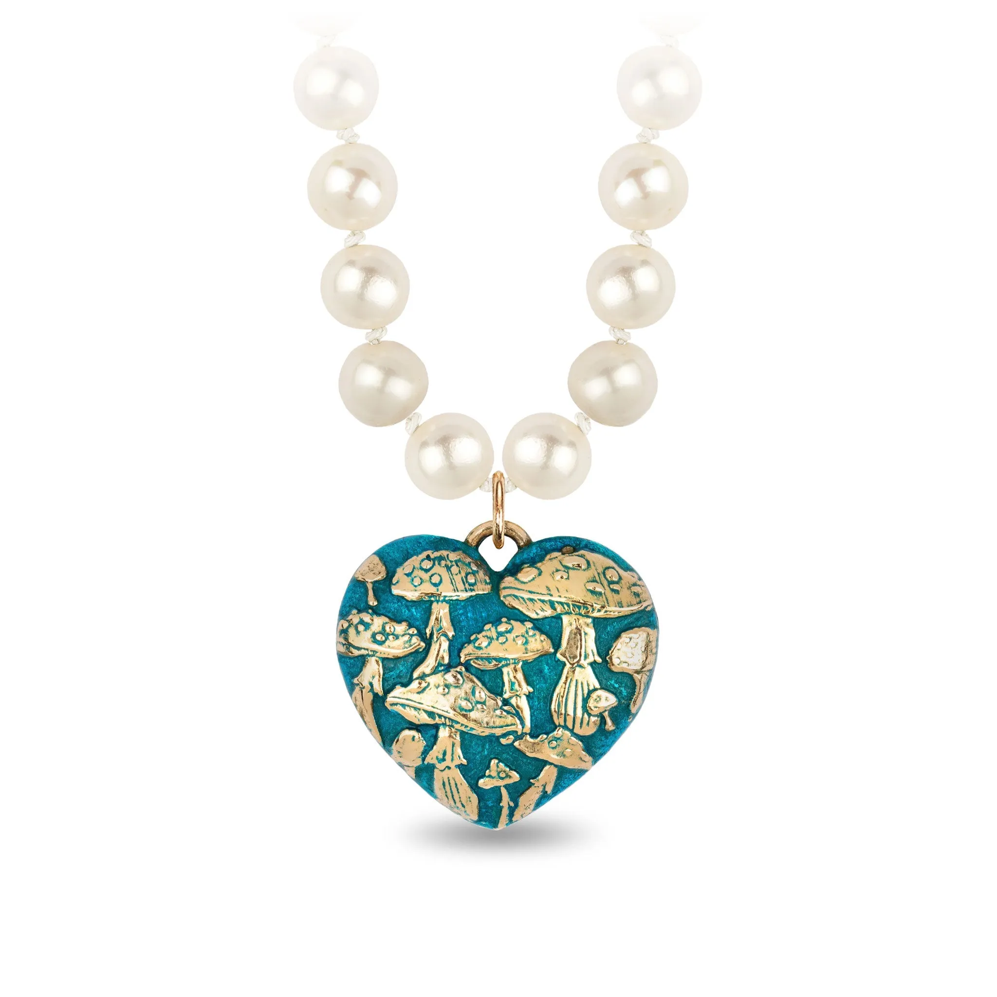 Mushroom 14K Gold Large Puffed Heart Talisman On Knotted Freshwater Pearl Necklace - True Colors