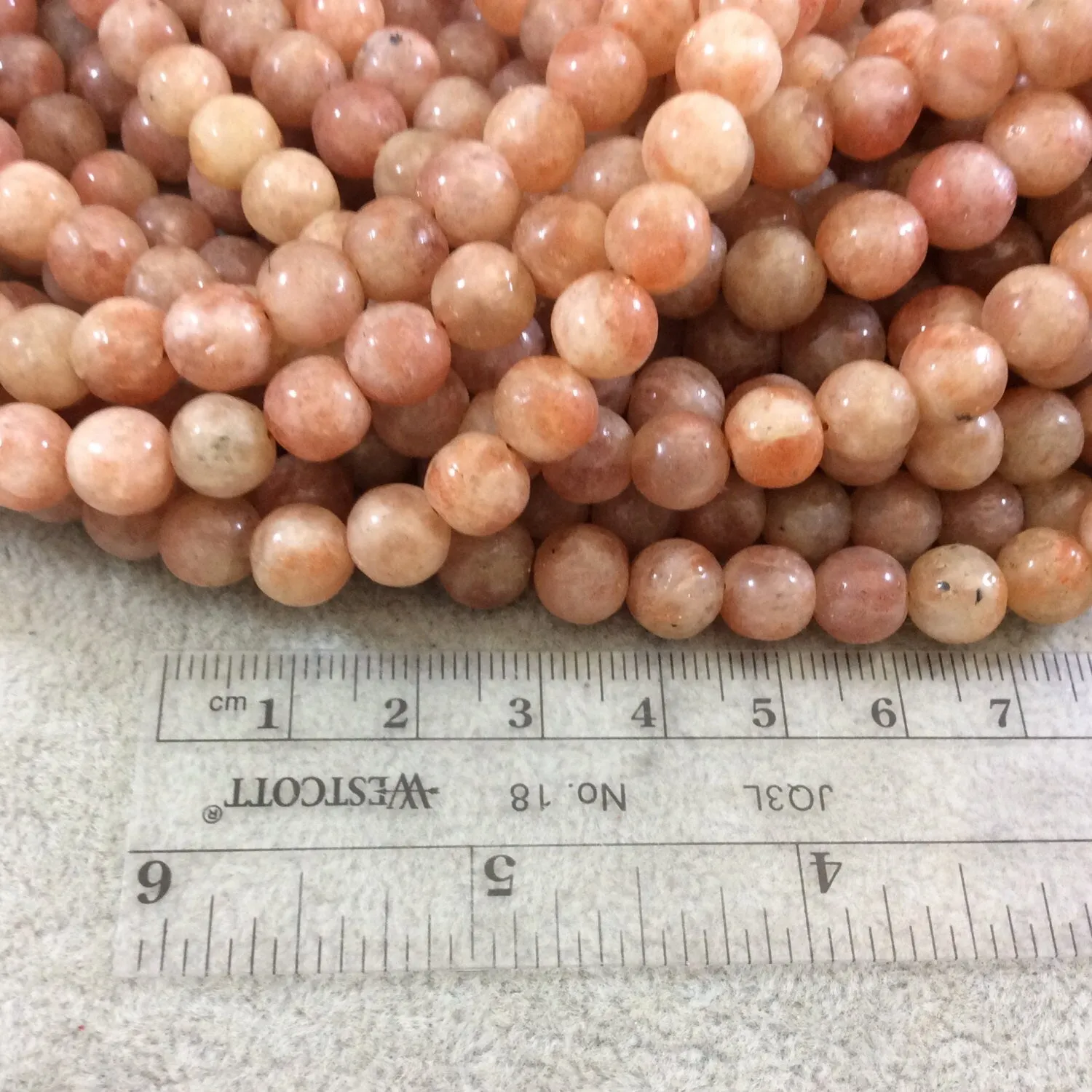 Natural Sunstone Gemstone Beads - Smooth Round, 8-9mm, Glittery Peach/Orange, 15.5" Strand (~48 Beads)