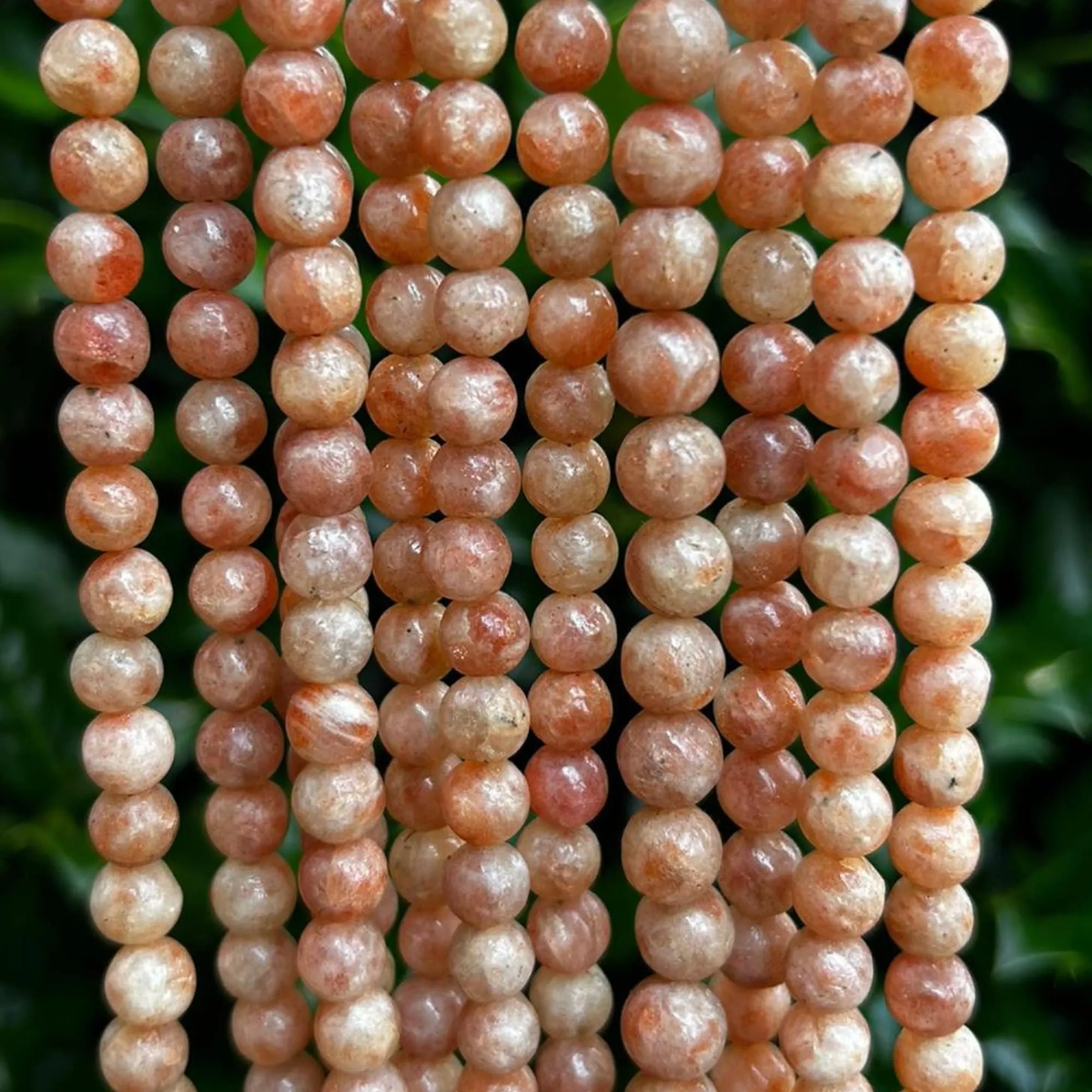 Natural Sunstone Gemstone Beads - Smooth Round, 8-9mm, Glittery Peach/Orange, 15.5" Strand (~48 Beads)