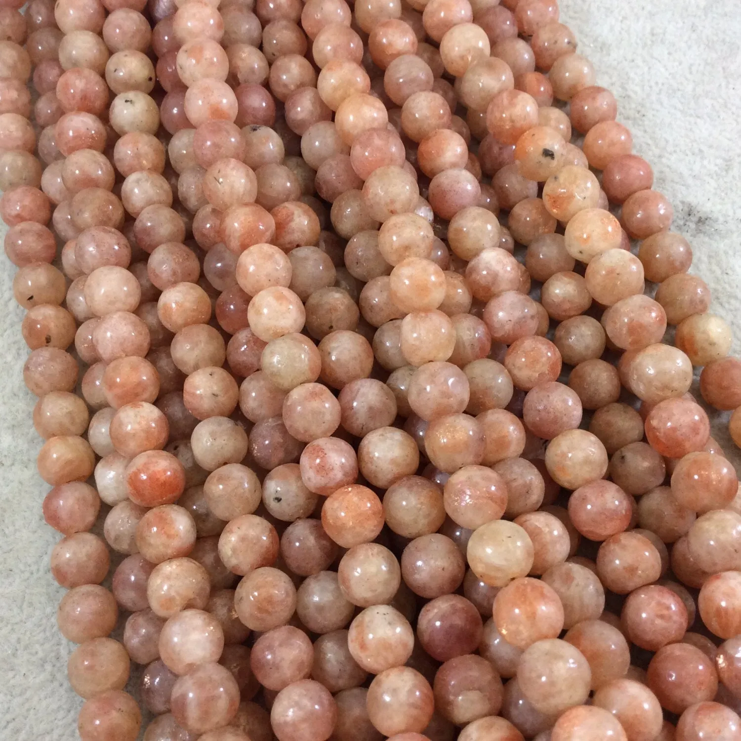 Natural Sunstone Gemstone Beads - Smooth Round, 8-9mm, Glittery Peach/Orange, 15.5" Strand (~48 Beads)