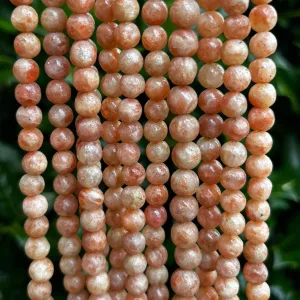 Natural Sunstone Gemstone Beads - Smooth Round, 8-9mm, Glittery Peach/Orange, 15.5" Strand (~48 Beads)