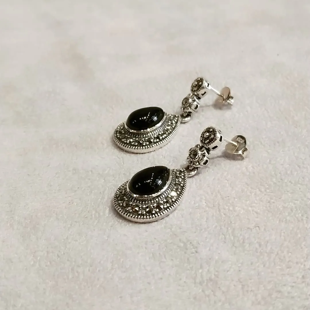 Oval Teardrop Black Onyx Earrings