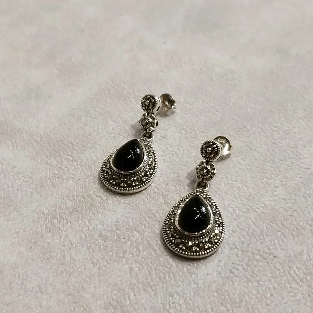 Oval Teardrop Black Onyx Earrings