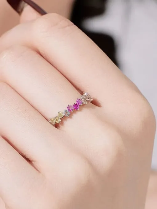 Pastel Rainbow Ring 925 Sterling Silver Irregular Baguette Cubic Zirconia Eternity Ring Band Women's Jewelry