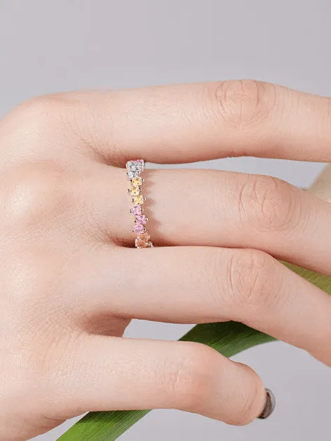 Pastel Rainbow Ring 925 Sterling Silver Irregular Baguette Cubic Zirconia Eternity Ring Band Women's Jewelry