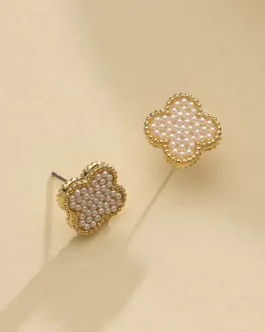 Pearl Clover Stud Earrings - Gold