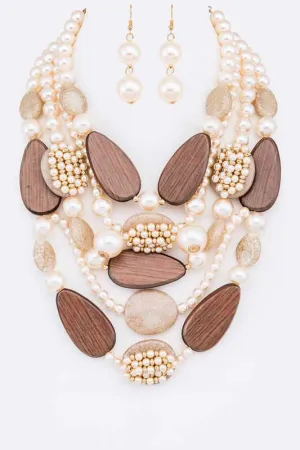 Pebble Wood And Stone Layer Necklace Earrings Set