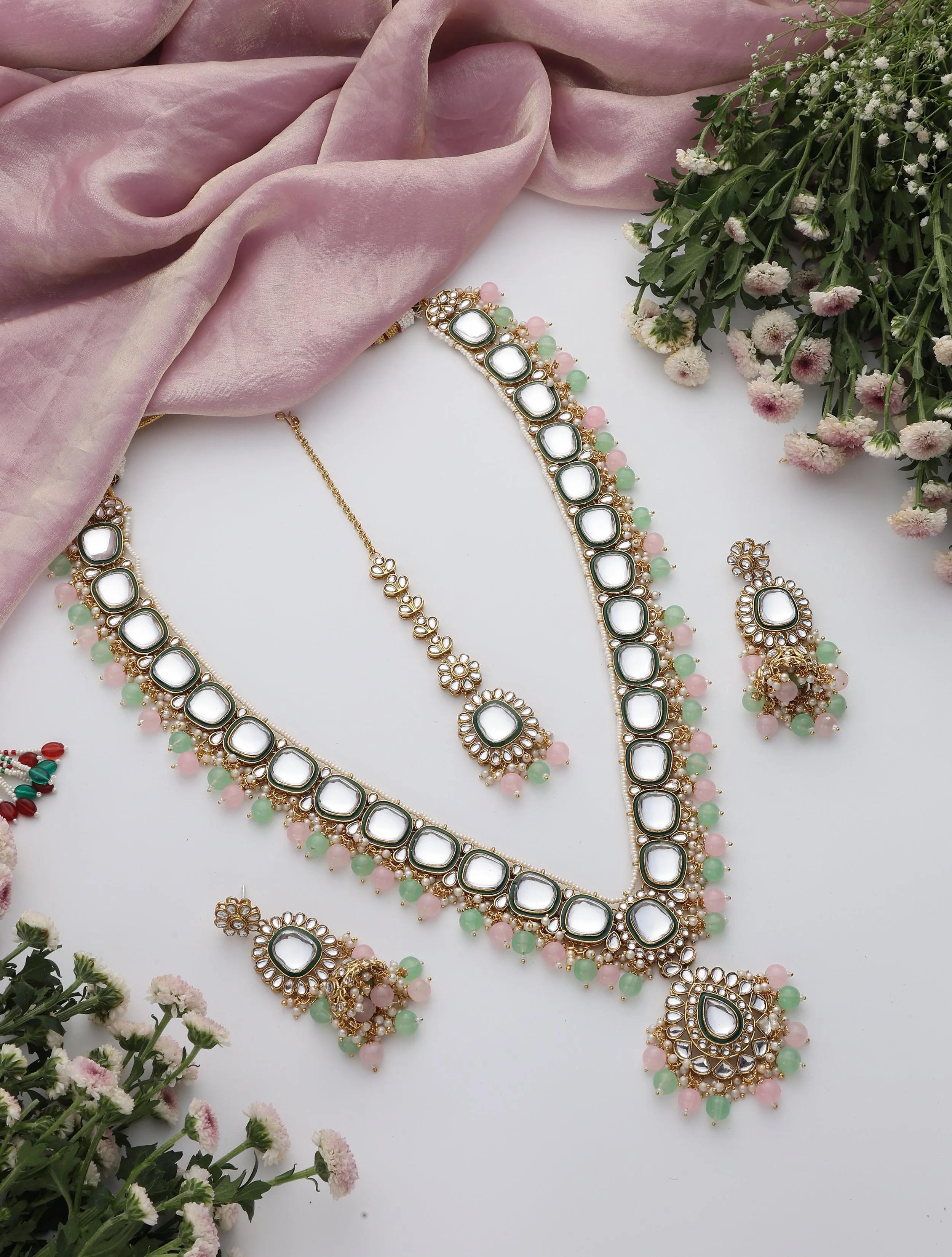 Pink & Parrot Green Color Long Kundan Necklace, Earring and Maang Teeka Set