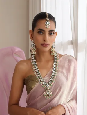 Pink & Parrot Green Color Long Kundan Necklace, Earring and Maang Teeka Set