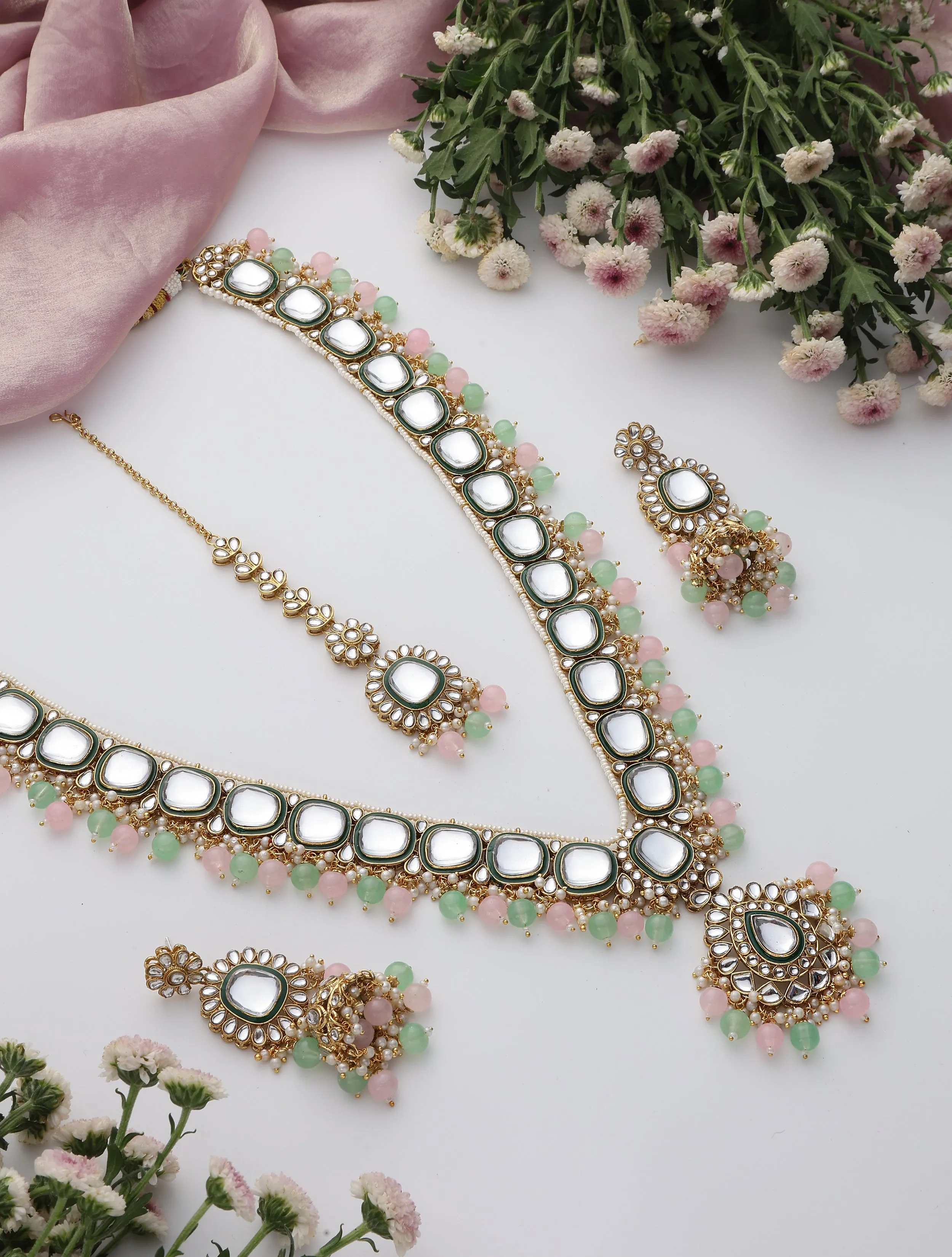 Pink & Parrot Green Color Long Kundan Necklace, Earring and Maang Teeka Set