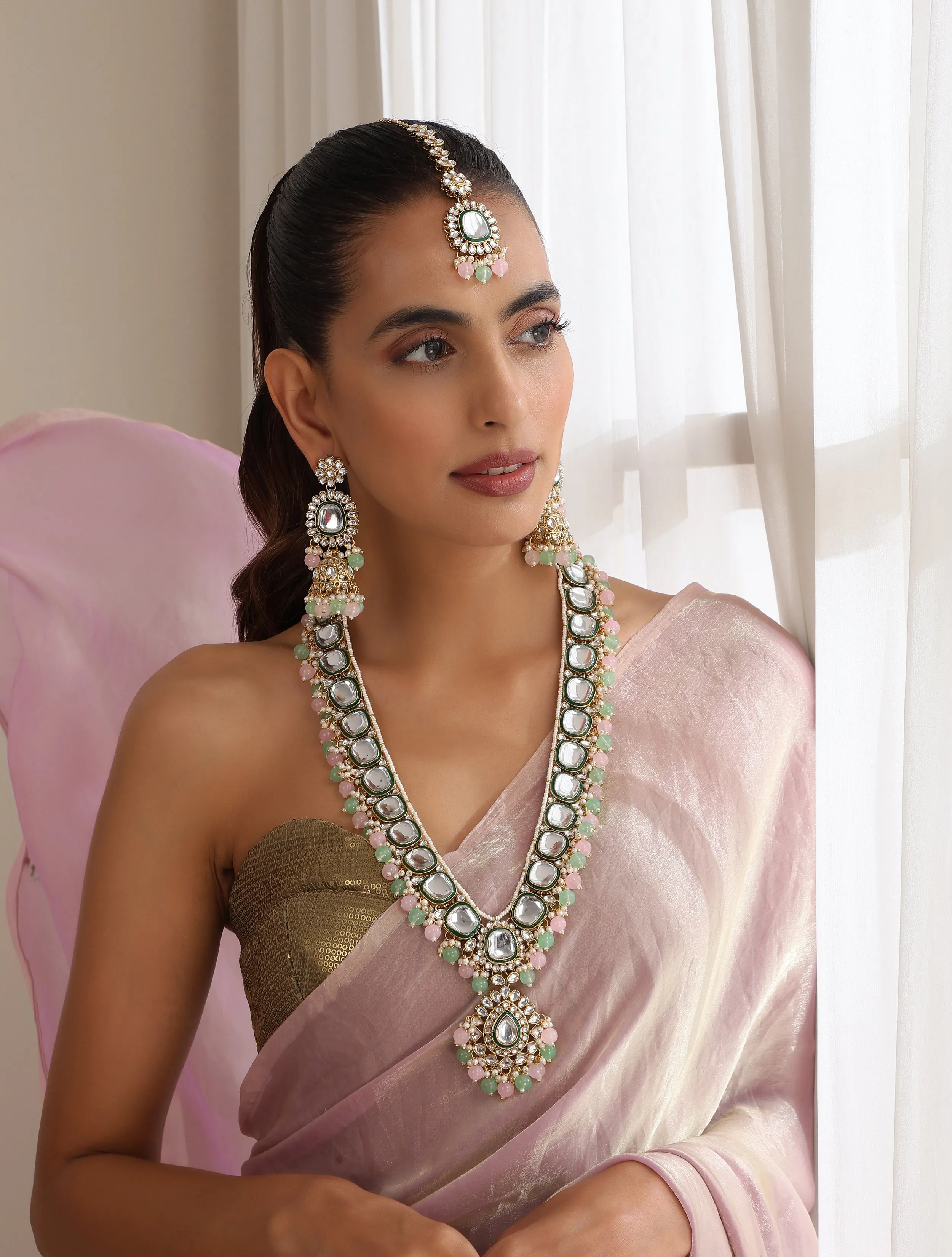 Pink & Parrot Green Color Long Kundan Necklace, Earring and Maang Teeka Set