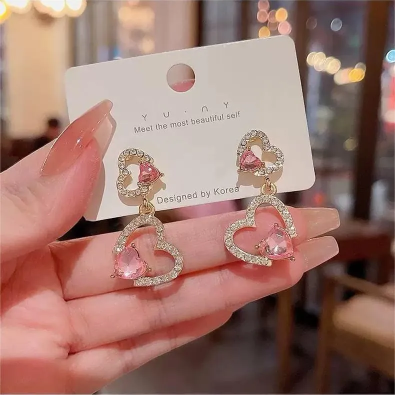 Pink Crystal Heart Earrings