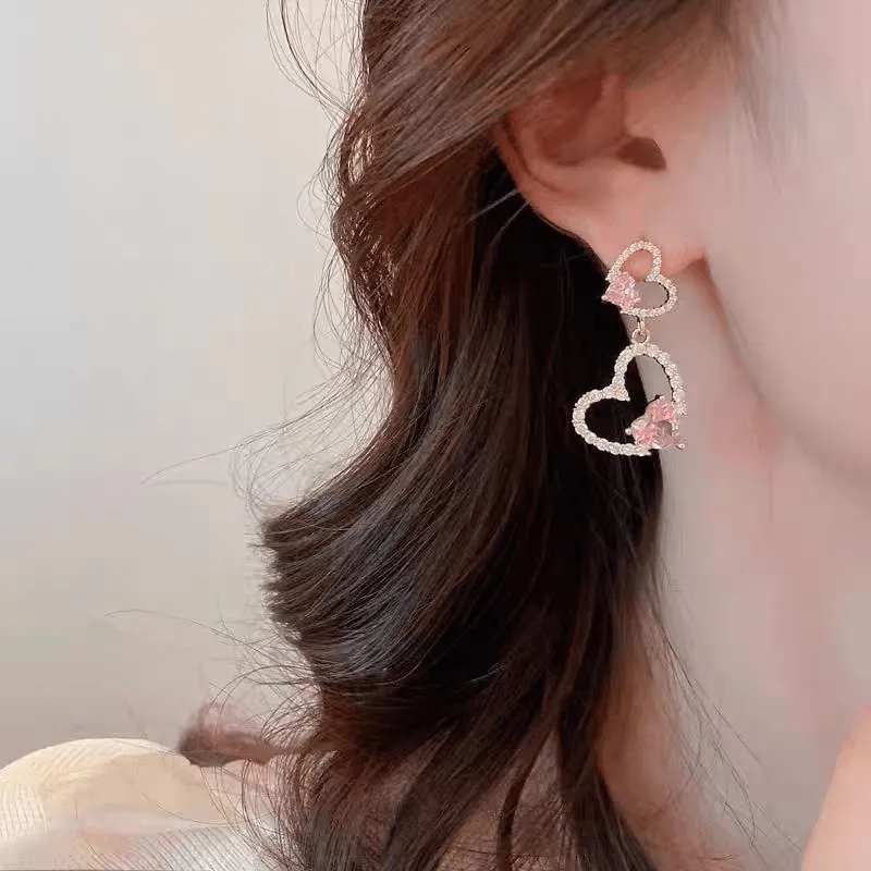 Pink Crystal Heart Earrings