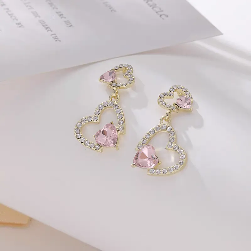 Pink Crystal Heart Earrings
