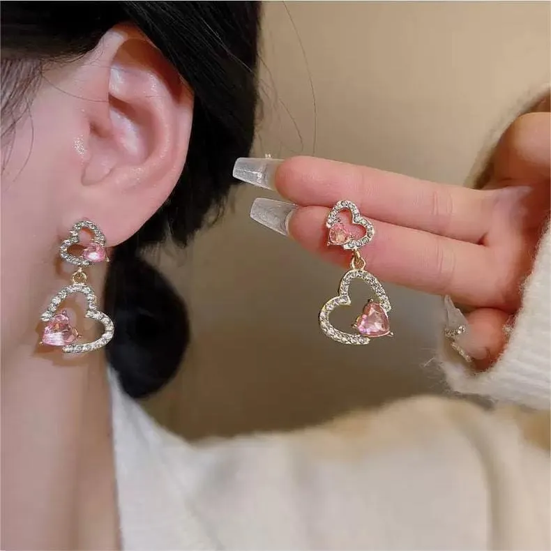 Pink Crystal Heart Earrings