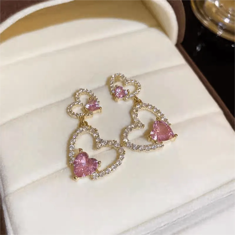 Pink Crystal Heart Earrings