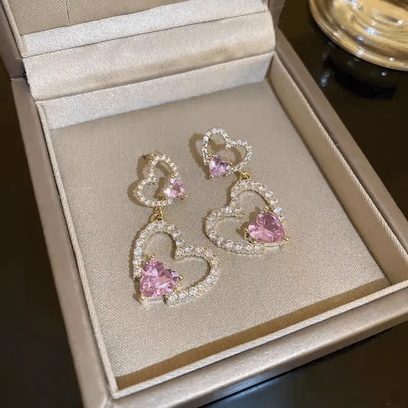 Pink Crystal Heart Earrings