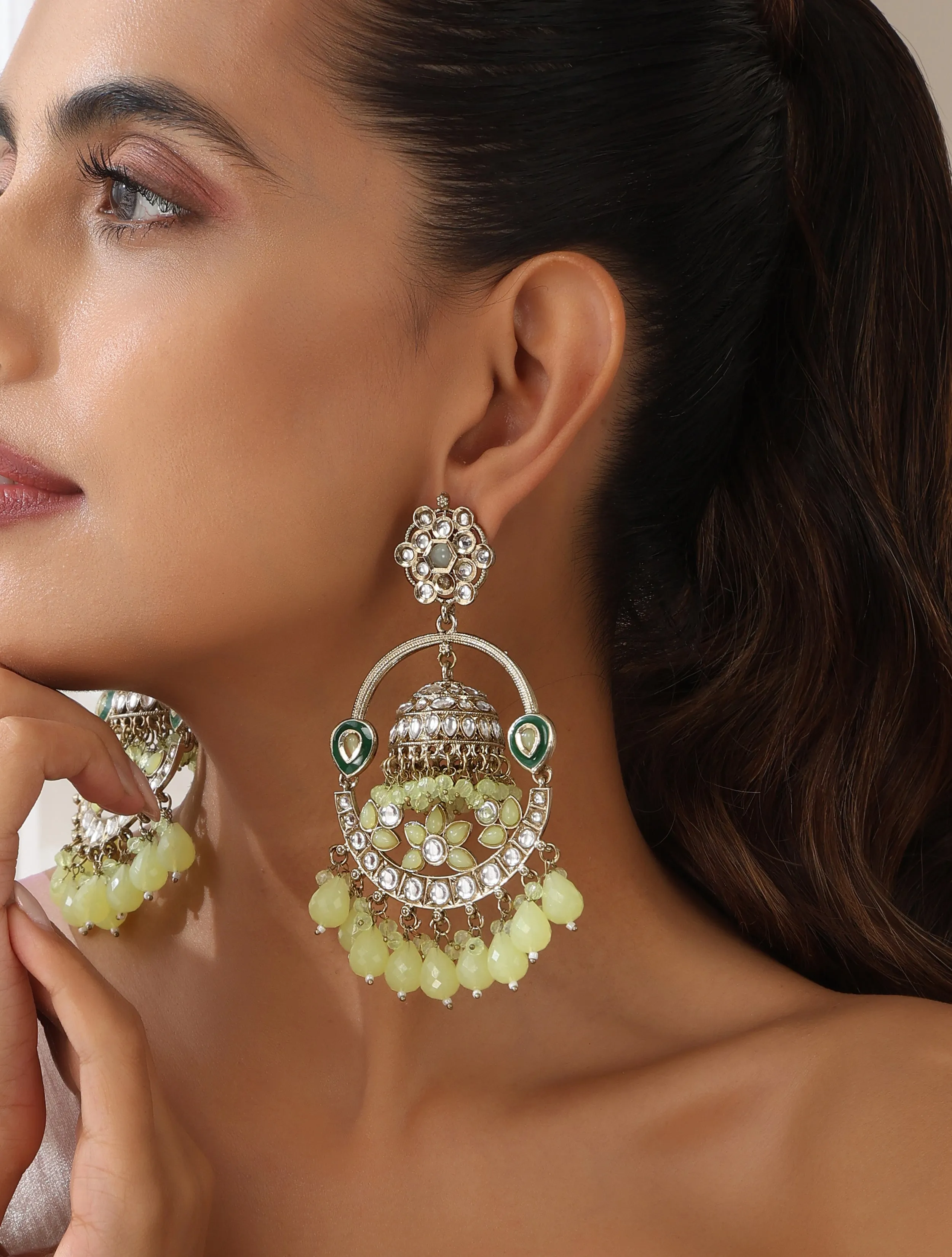 Pista Green Round Kundan Jhumka Earrings