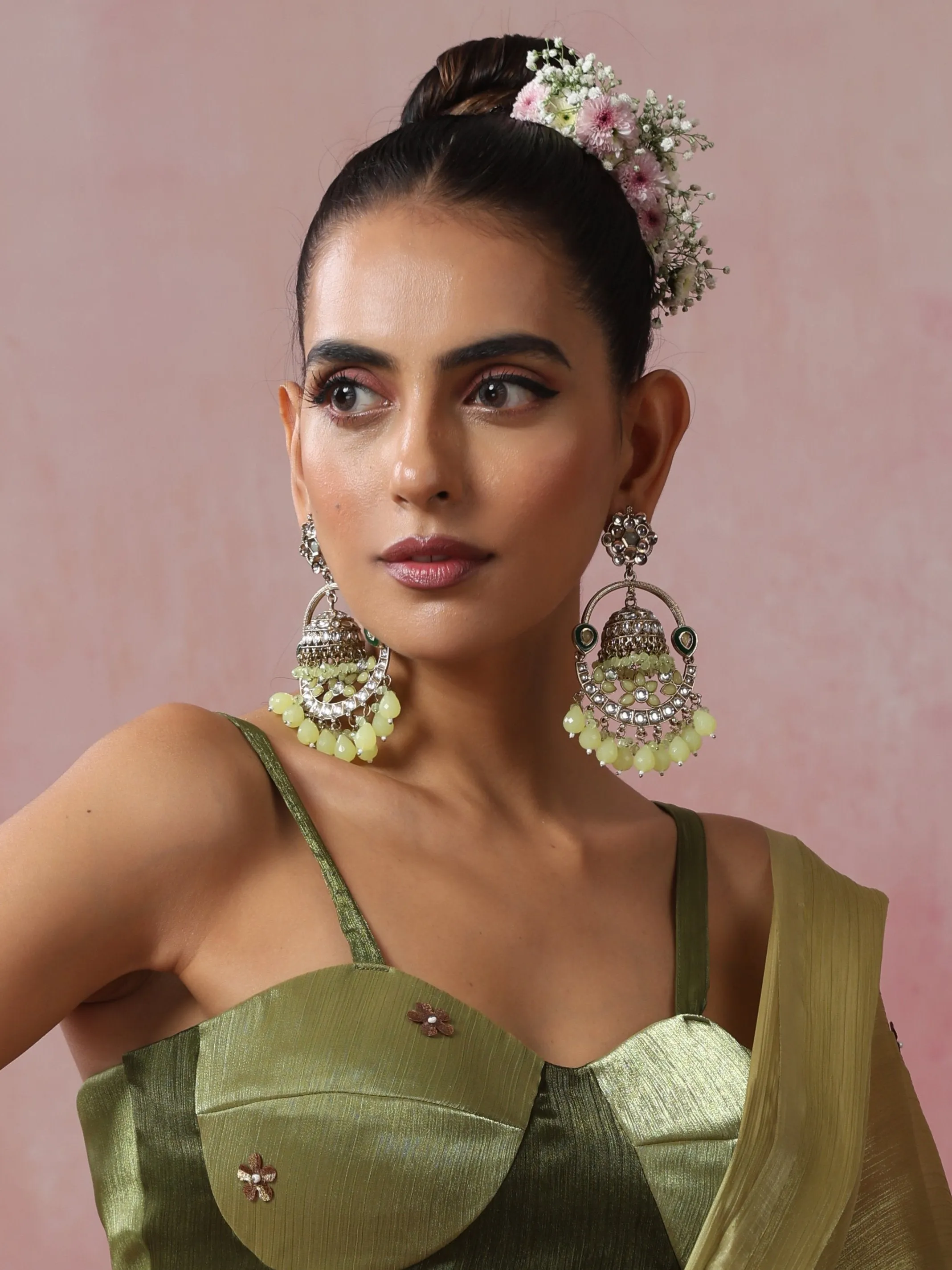 Pista Green Round Kundan Jhumka Earrings
