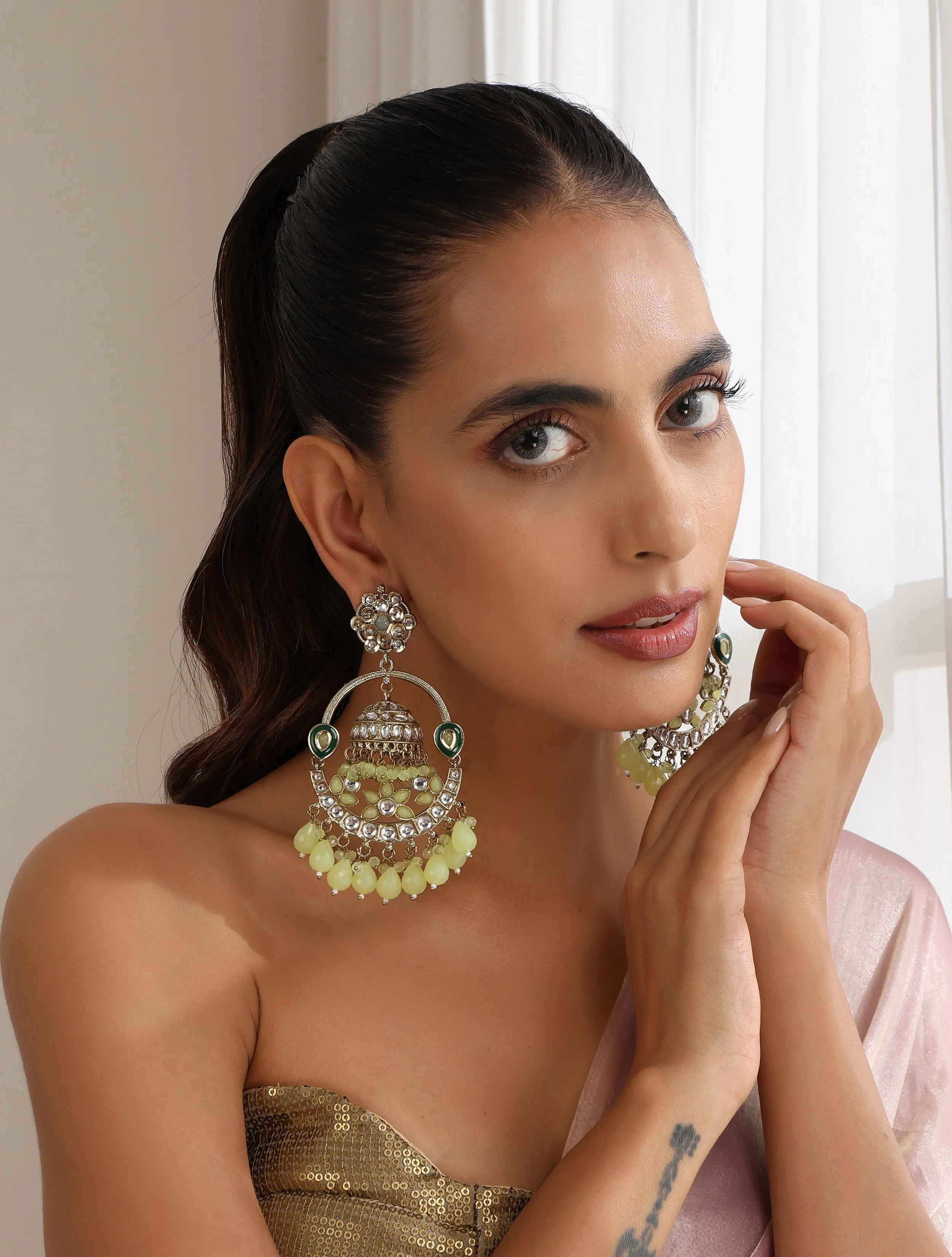 Pista Green Round Kundan Jhumka Earrings