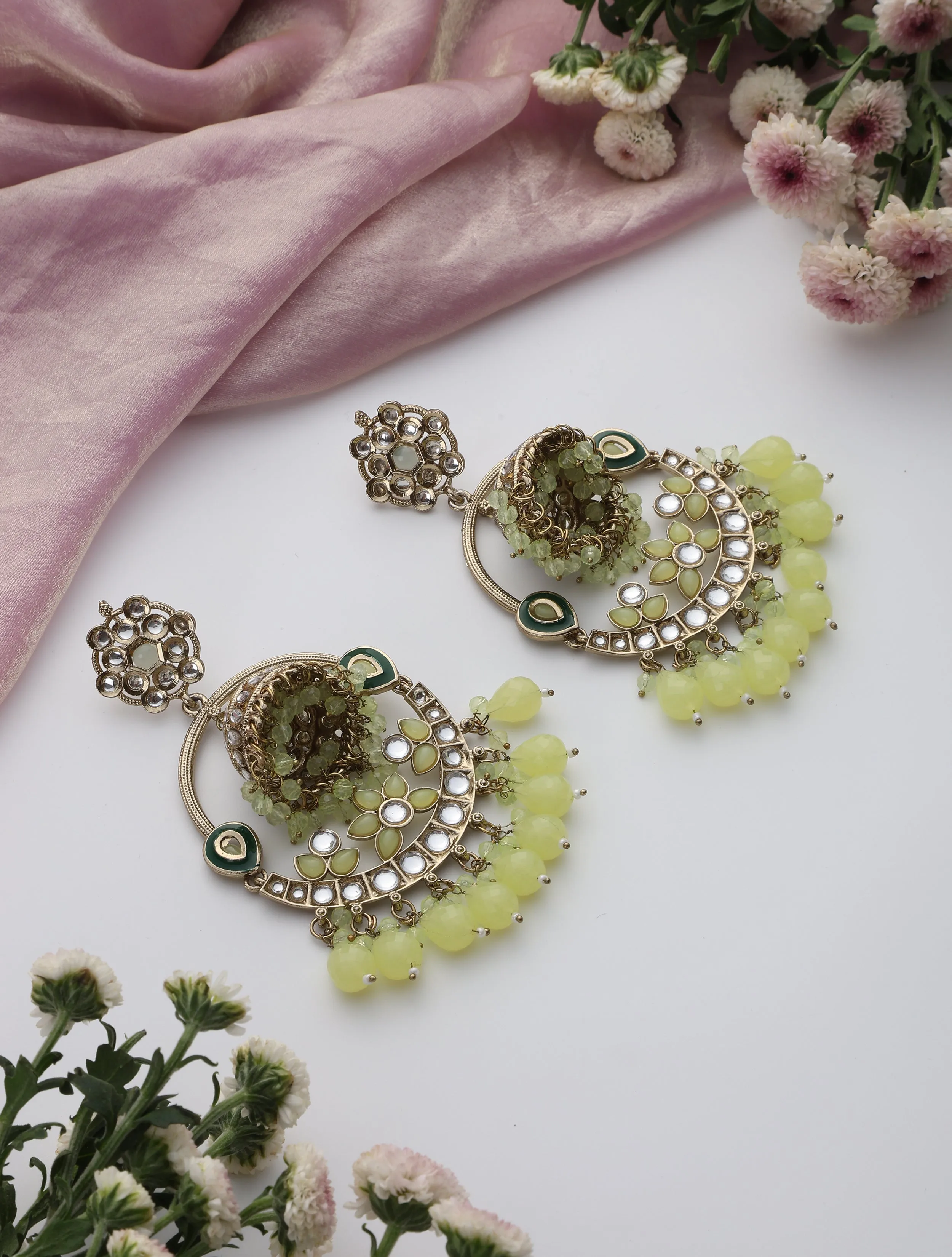 Pista Green Round Kundan Jhumka Earrings