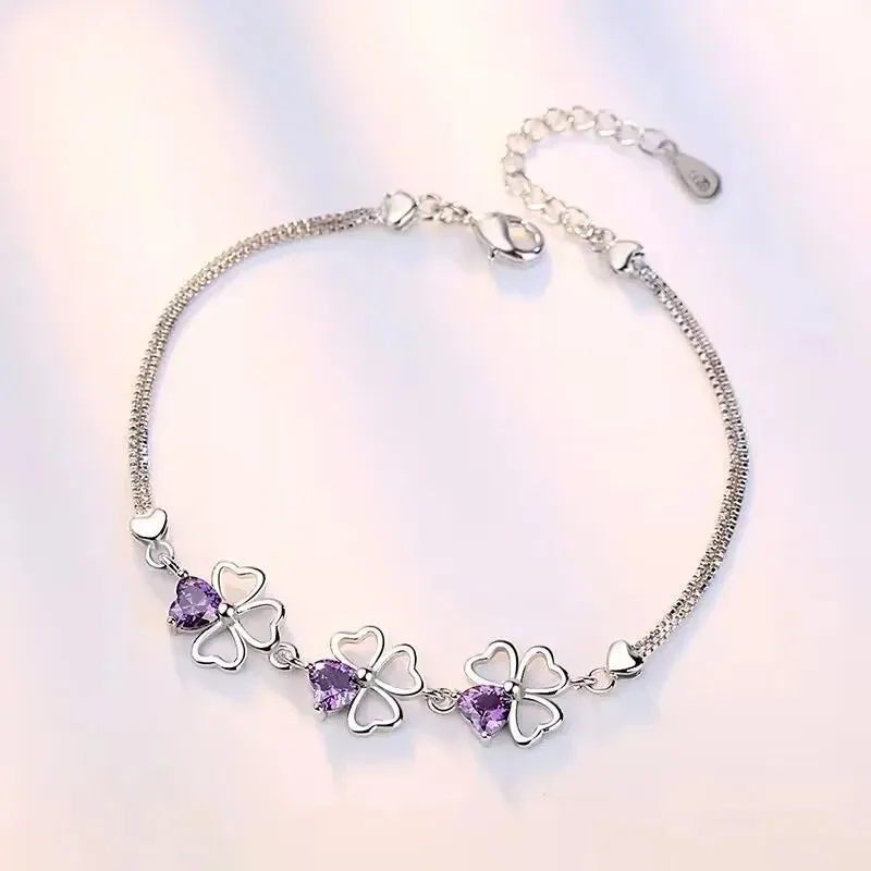 Purple Crystal Lucky Four Leaf Clover 925 Sterling Silver Bracelets for Women Fine Accessories Jewelry