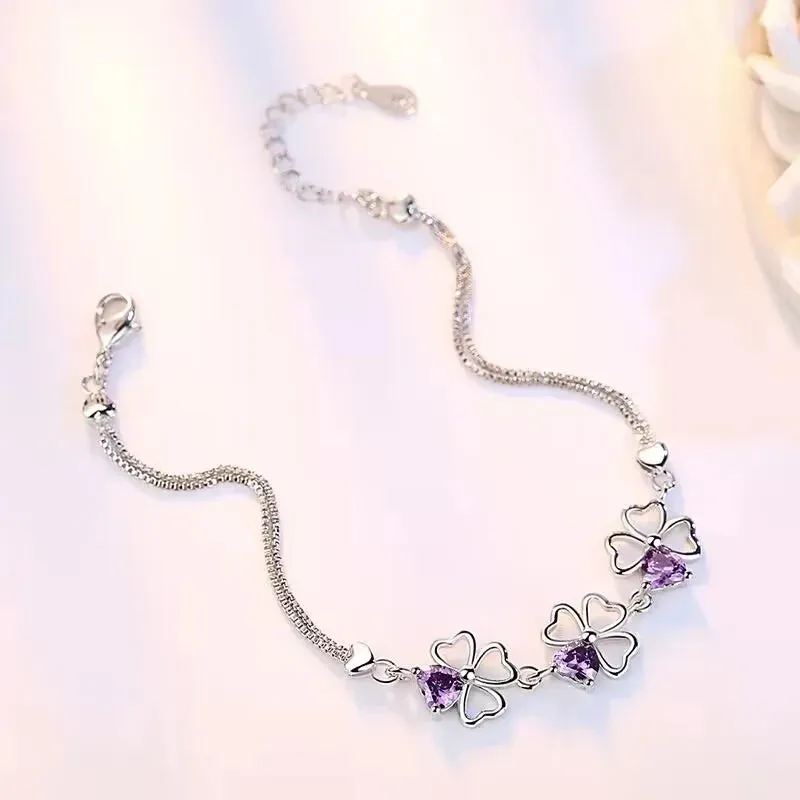 Purple Crystal Lucky Four Leaf Clover 925 Sterling Silver Bracelets for Women Fine Accessories Jewelry