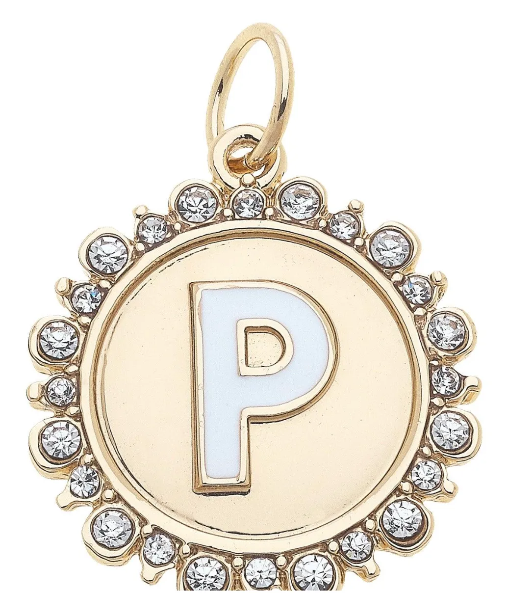 Rhinestone-Studded Enamel Letter Disc Charm in Shiny Gold