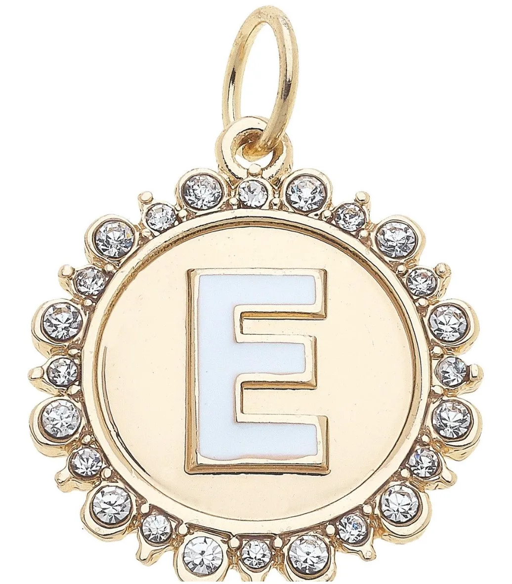 Rhinestone-Studded Enamel Letter Disc Charm in Shiny Gold