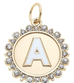 Rhinestone-Studded Enamel Letter Disc Charm in Shiny Gold