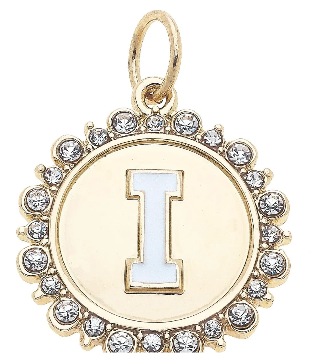 Rhinestone-Studded Enamel Letter Disc Charm in Shiny Gold