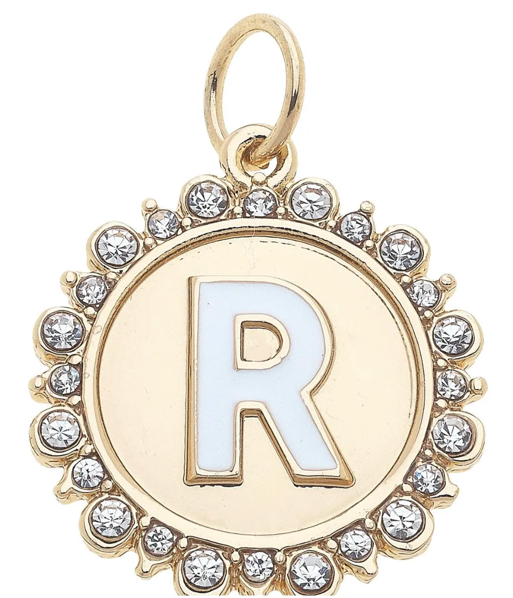 Rhinestone-Studded Enamel Letter Disc Charm in Shiny Gold
