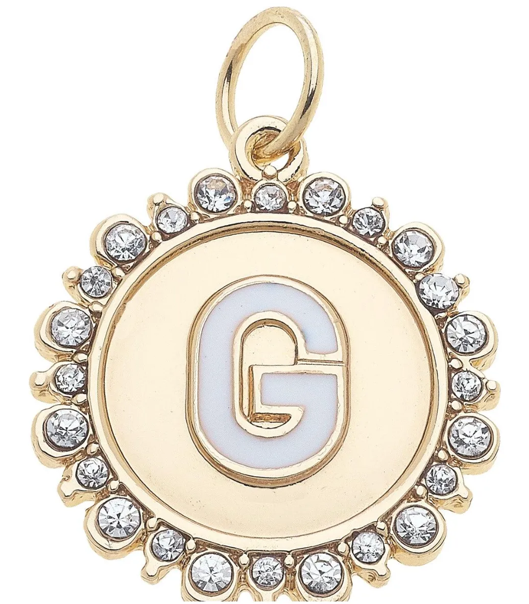 Rhinestone-Studded Enamel Letter Disc Charm in Shiny Gold