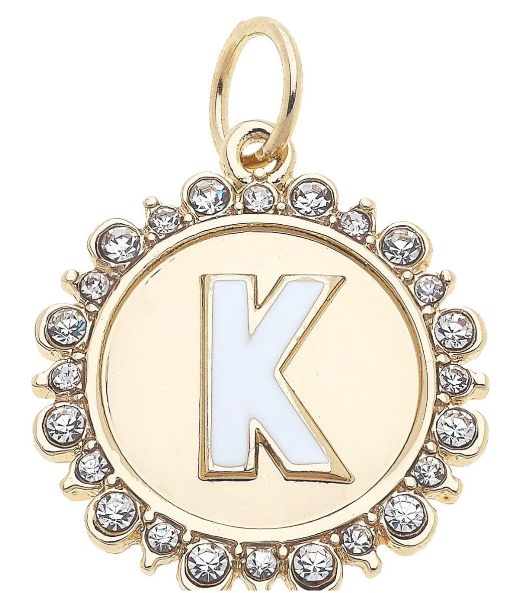 Rhinestone-Studded Enamel Letter Disc Charm in Shiny Gold