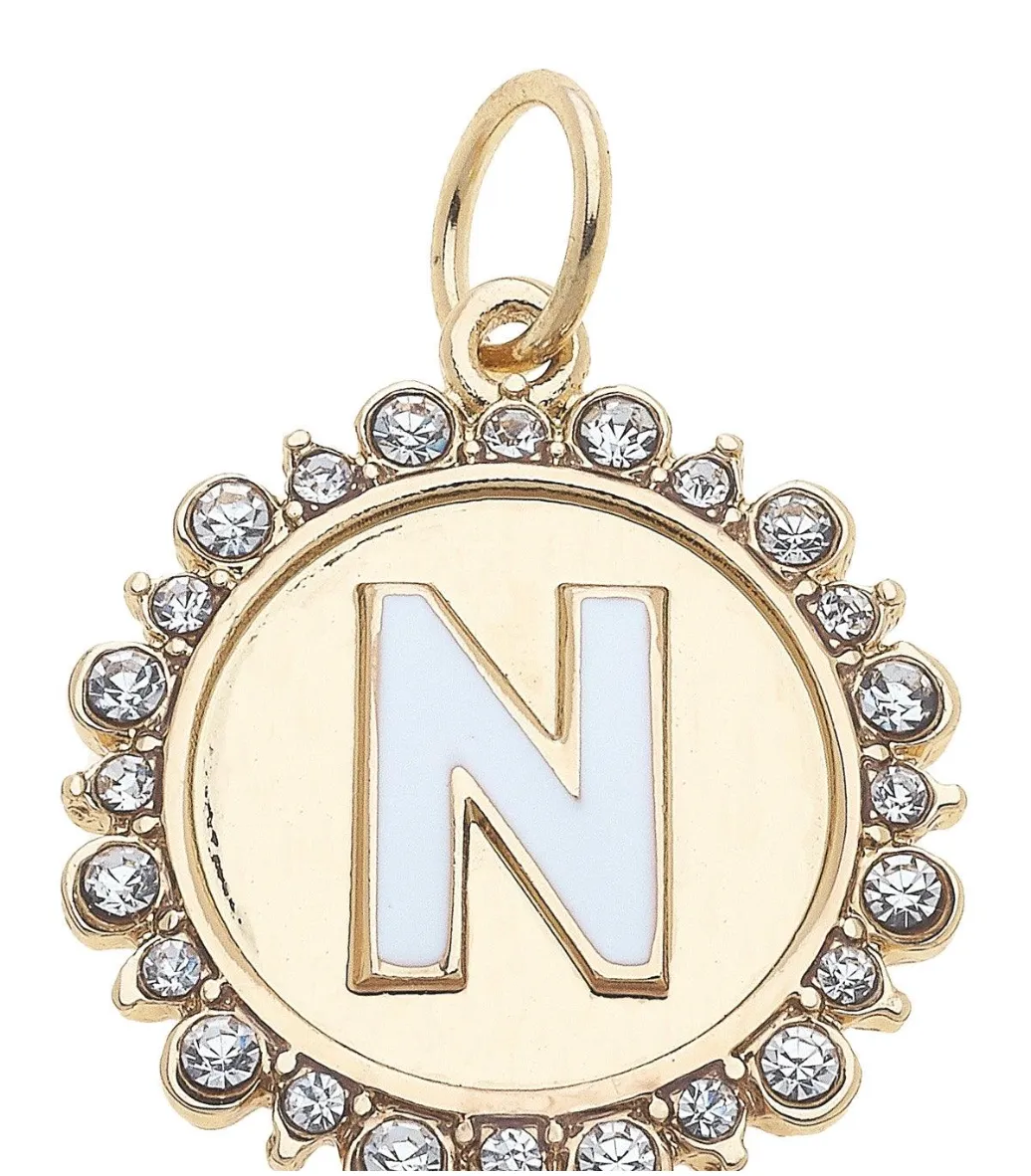 Rhinestone-Studded Enamel Letter Disc Charm in Shiny Gold