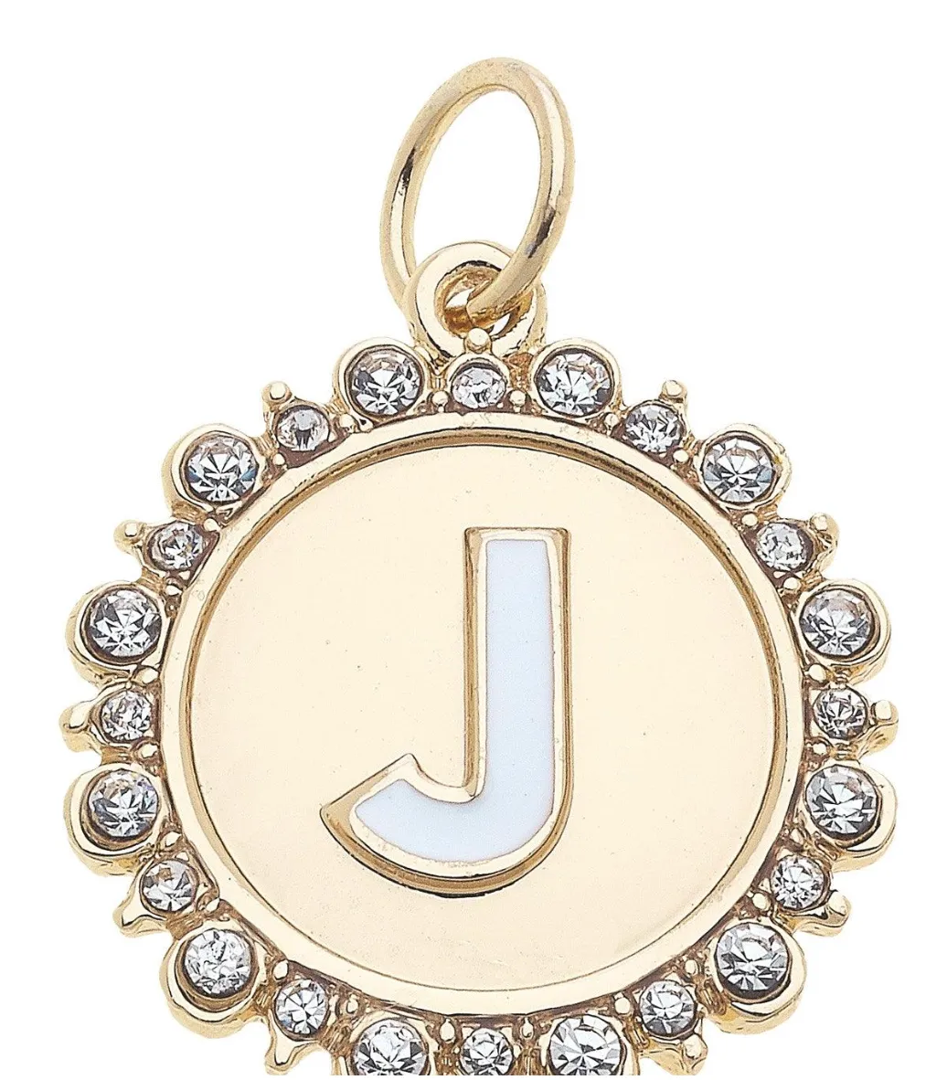 Rhinestone-Studded Enamel Letter Disc Charm in Shiny Gold