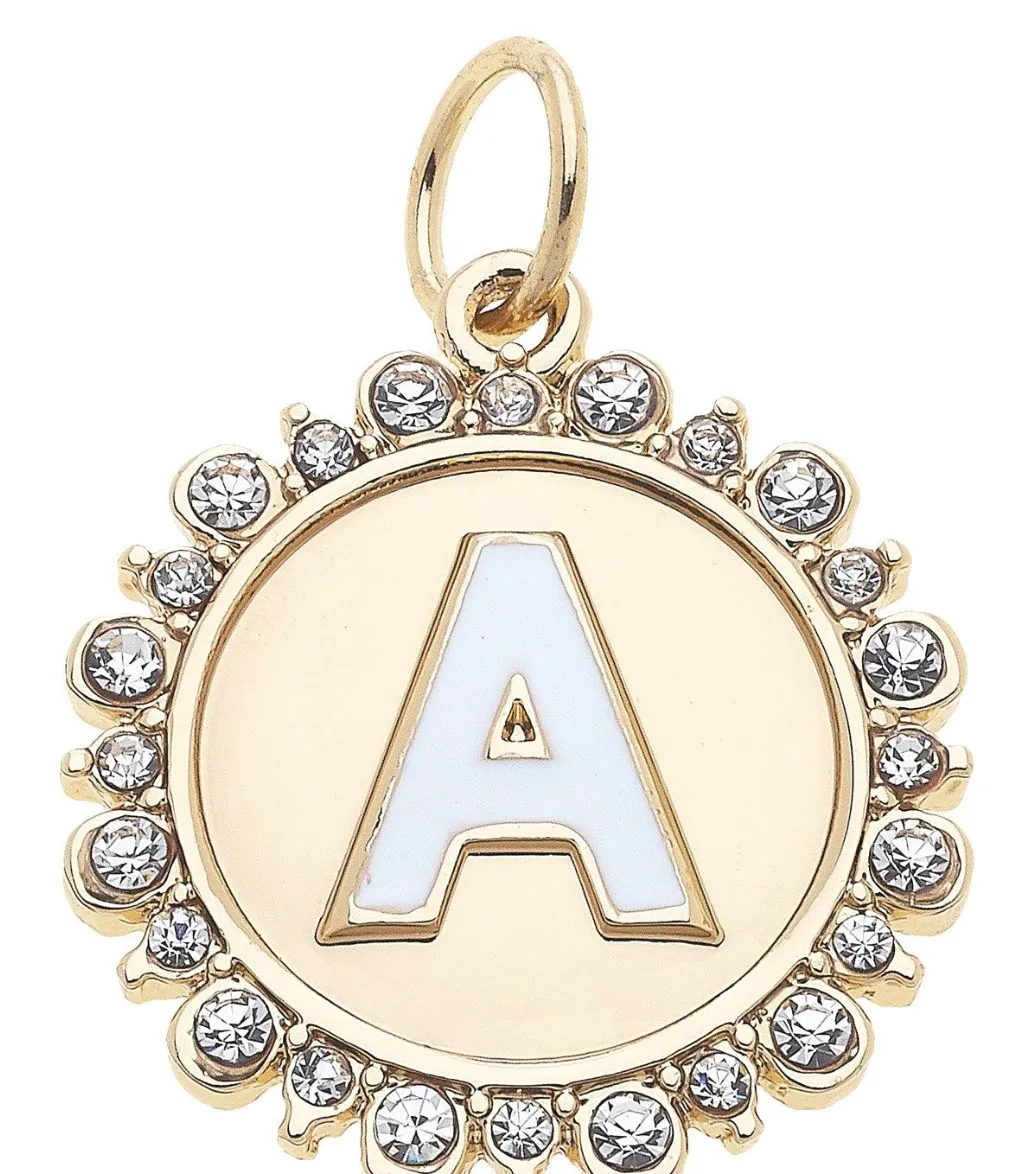 Rhinestone-Studded Enamel Letter Disc Charm in Shiny Gold
