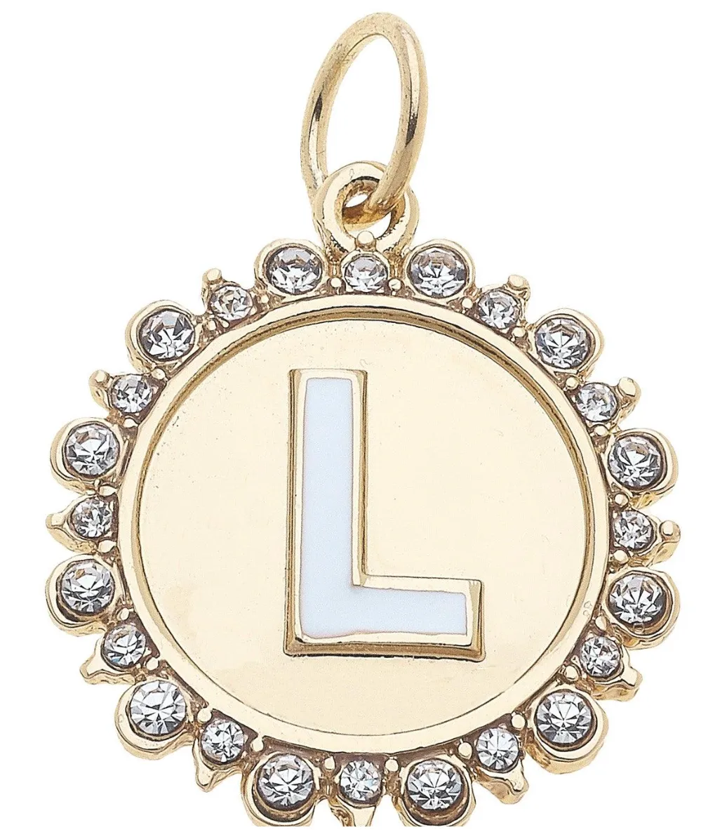 Rhinestone-Studded Enamel Letter Disc Charm in Shiny Gold