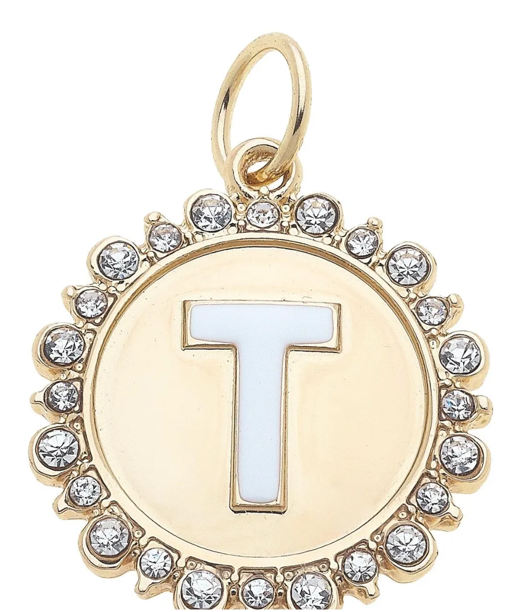 Rhinestone-Studded Enamel Letter Disc Charm in Shiny Gold