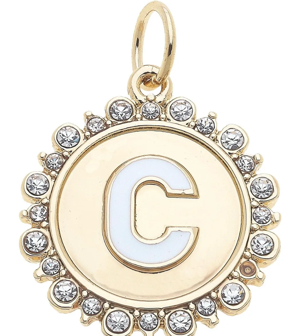 Rhinestone-Studded Enamel Letter Disc Charm in Shiny Gold