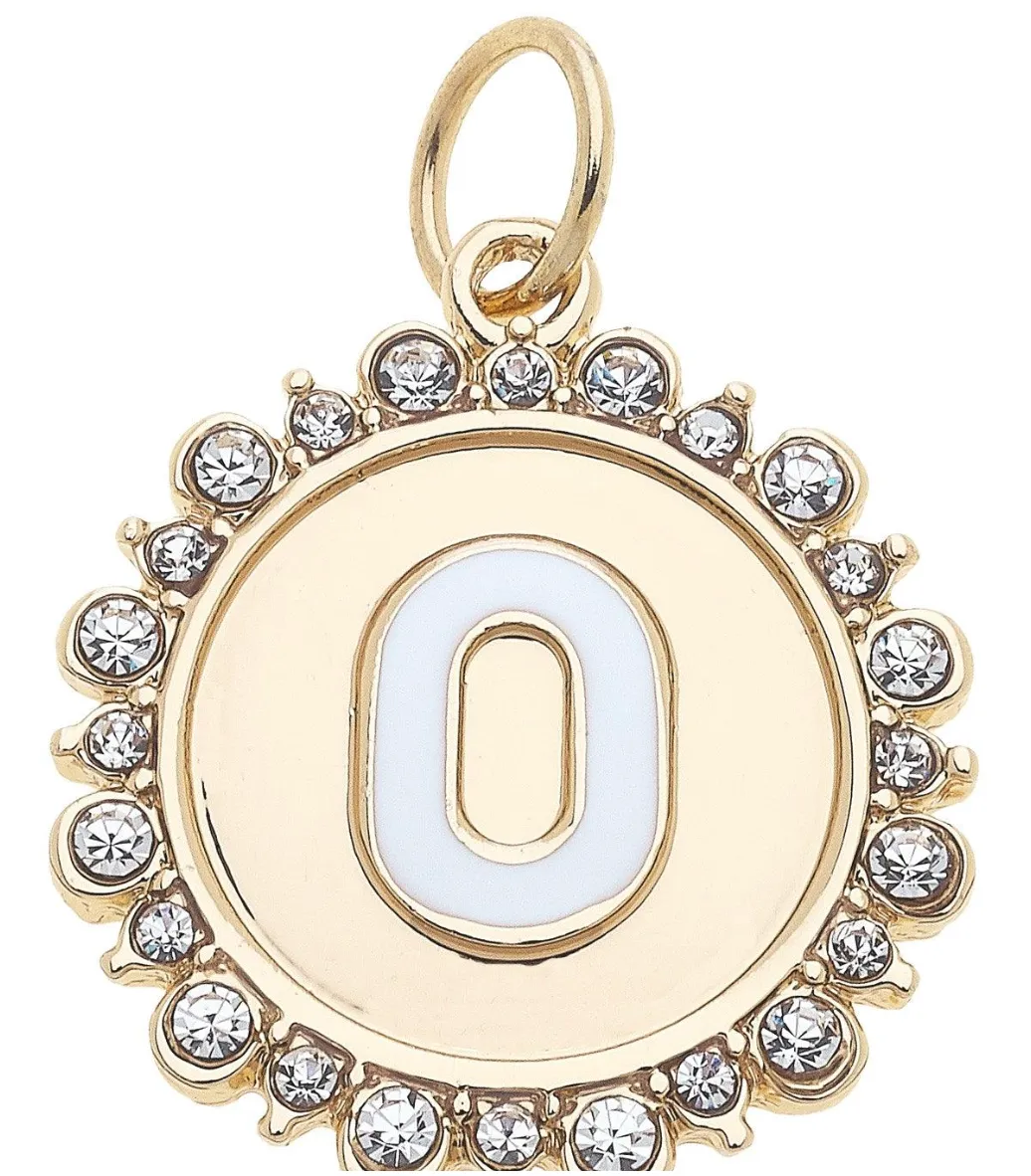 Rhinestone-Studded Enamel Letter Disc Charm in Shiny Gold