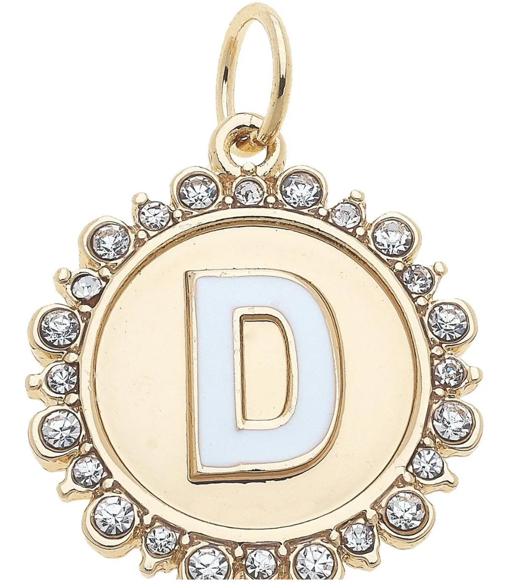 Rhinestone-Studded Enamel Letter Disc Charm in Shiny Gold