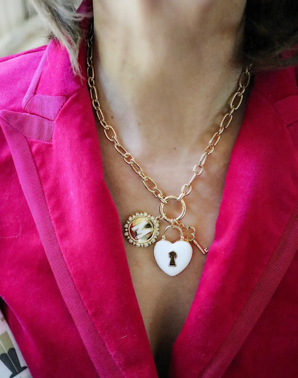 Rhinestone-Studded Enamel Letter Disc Charm in Shiny Gold