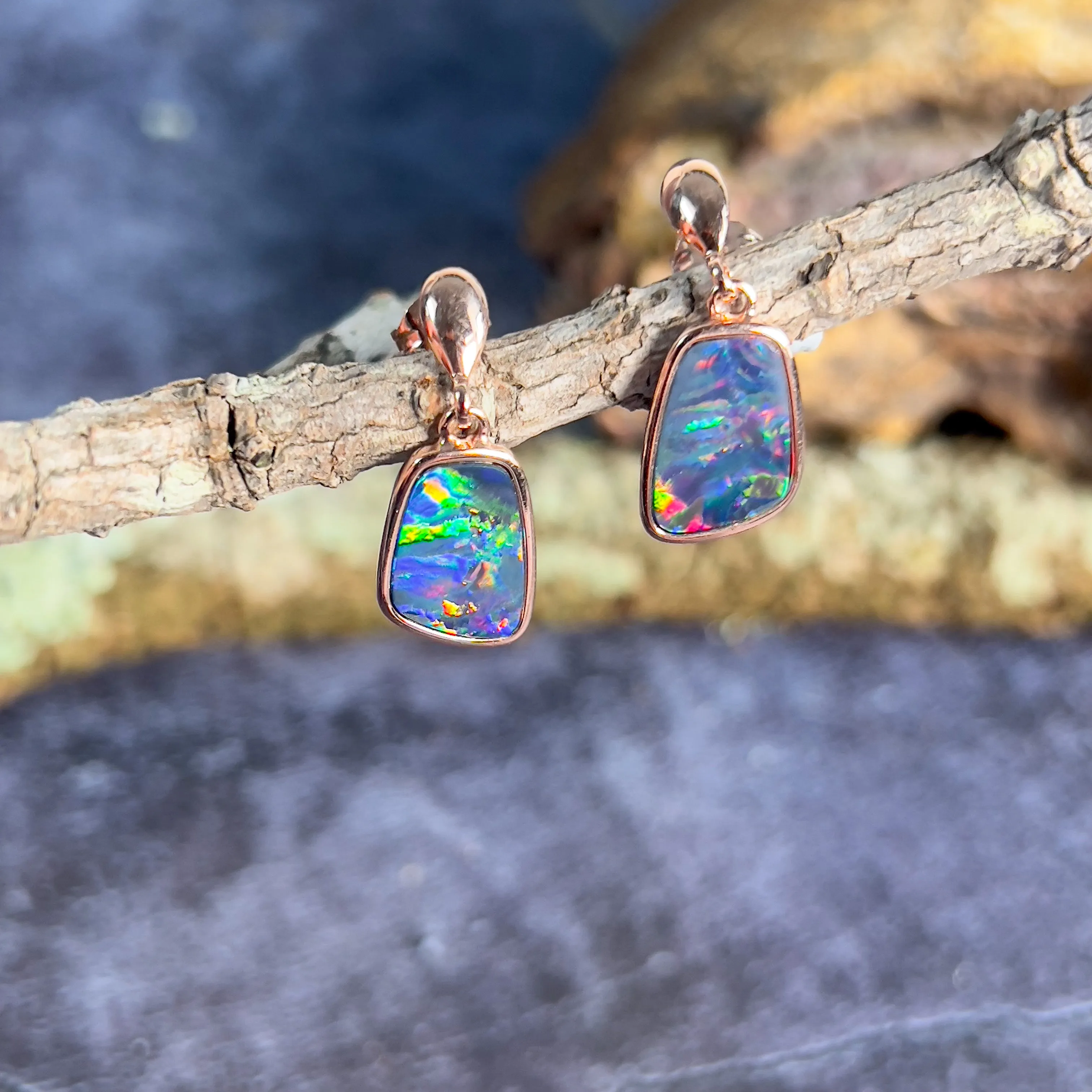 Rose Gold plated sterling silver dangling Opal doublet earrings