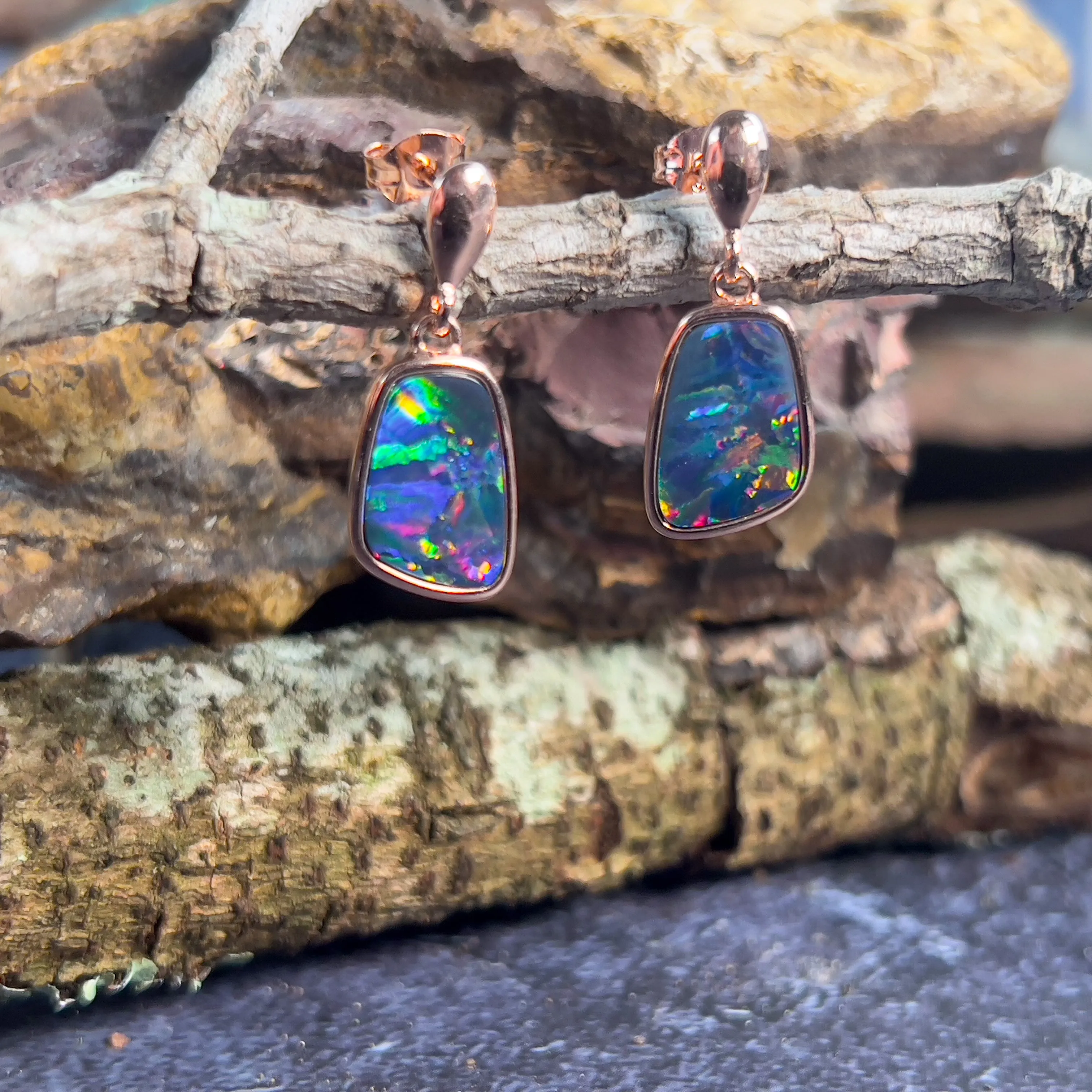 Rose Gold plated sterling silver dangling Opal doublet earrings