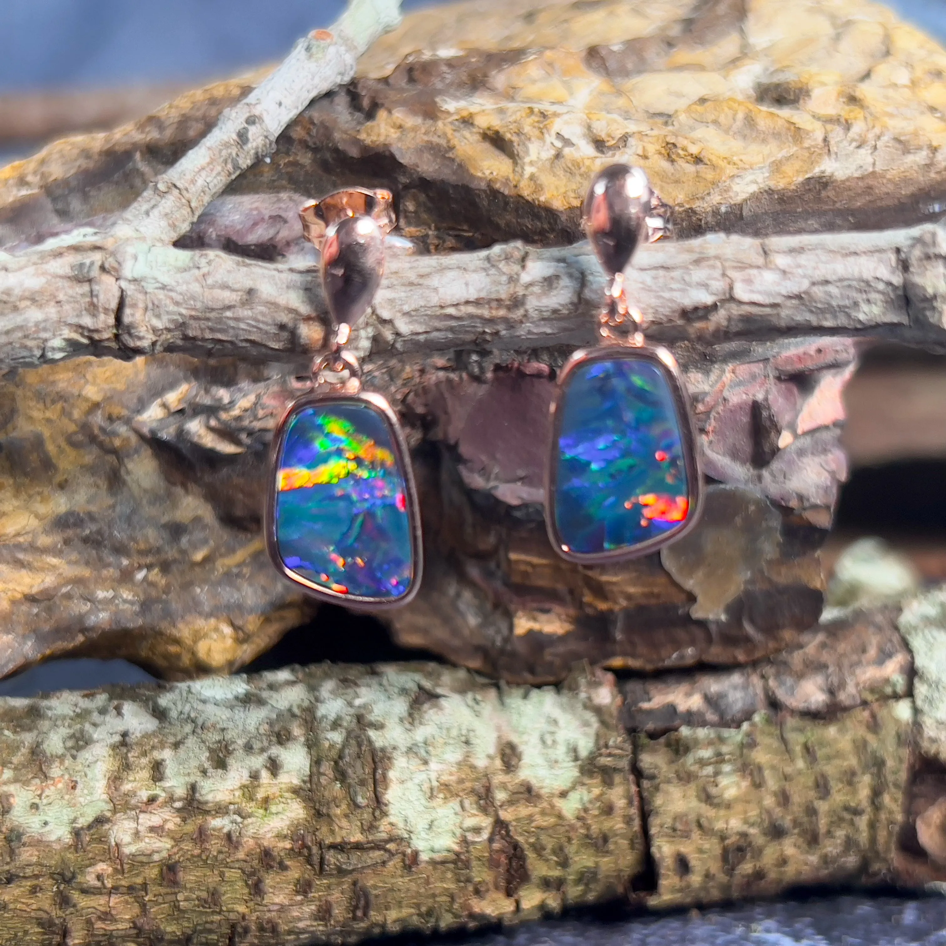 Rose Gold plated sterling silver dangling Opal doublet earrings
