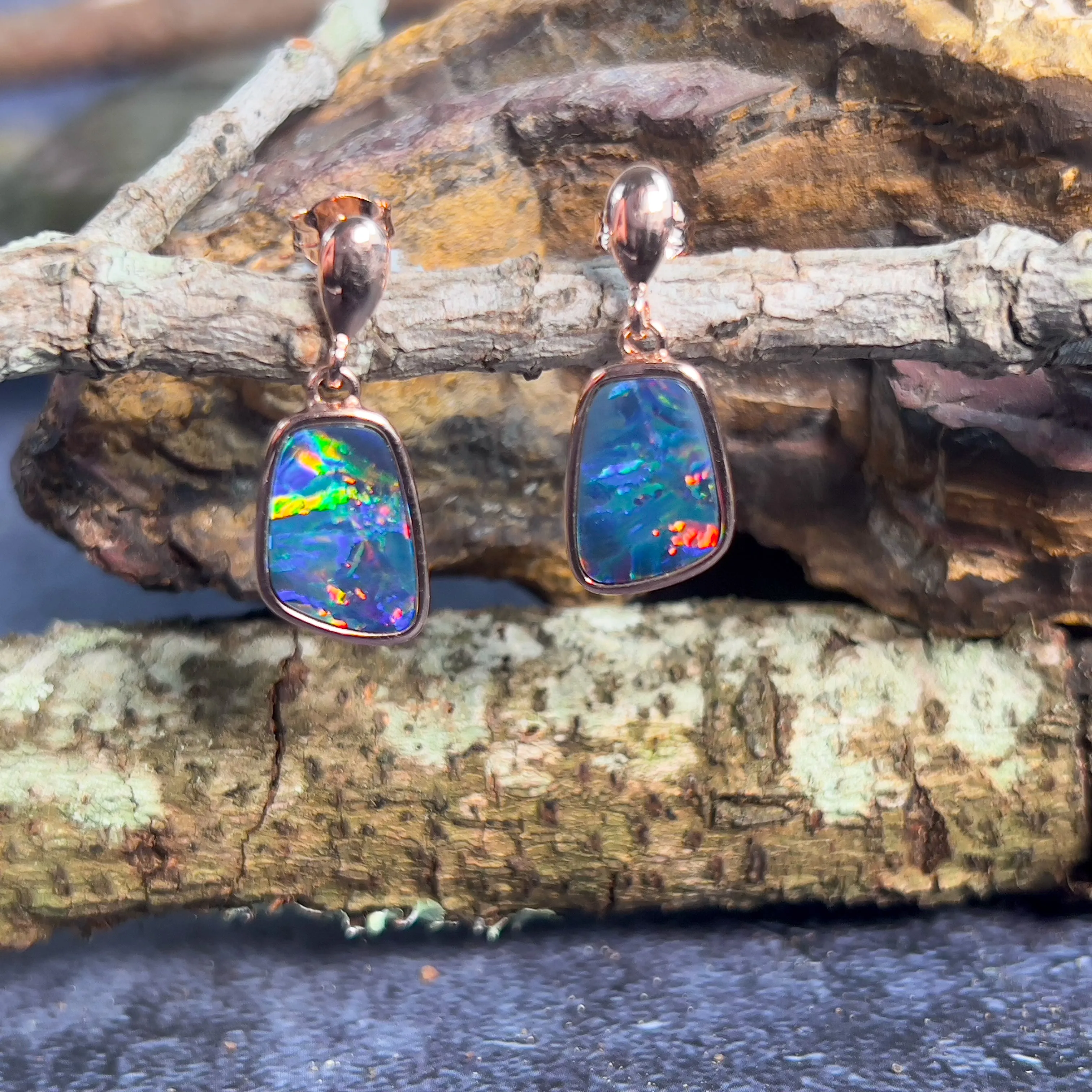 Rose Gold plated sterling silver dangling Opal doublet earrings